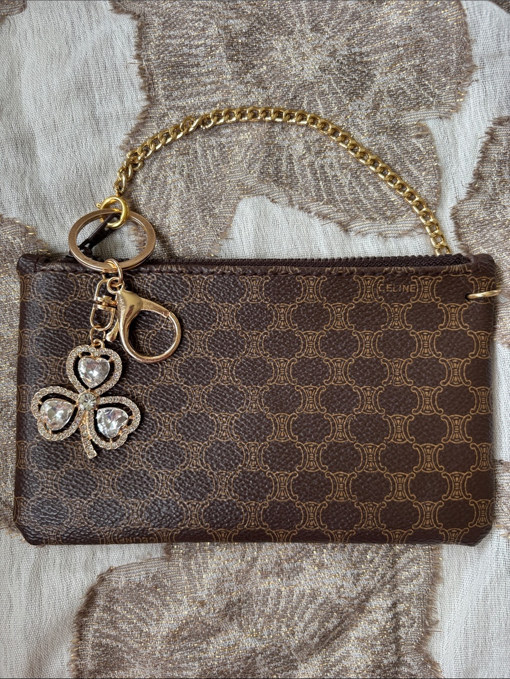 Celine Brown Logo-Print Leather Wristlet w/ Gold Tone Chain & Clover Charm - Picture 15 of 15